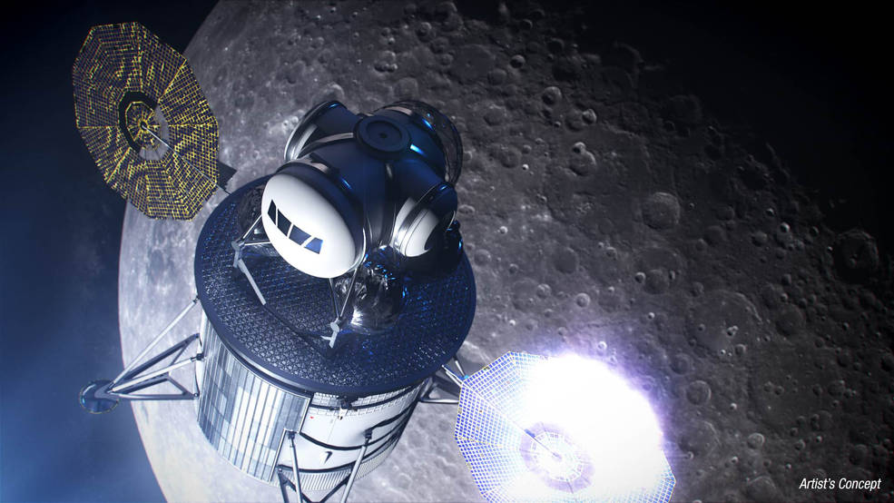 Artystyczna wizja lądownika zmierzającego ku powierzchni Księżyca - program Artemis / Credits - NASA