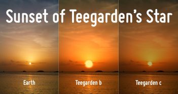 Porównanie zachodów Słońca na Ziemi i Gwiazdy Teegardena na Teegarden b oraz Teegarden c / Credits - PHL @ UPR Arecibo