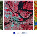 S2GLC Land Cover map in Stockholm area (right) along with unprocessed Sentinel-2 imagery in true color (left) and false color (center) compositions. Credits: CBK PAN