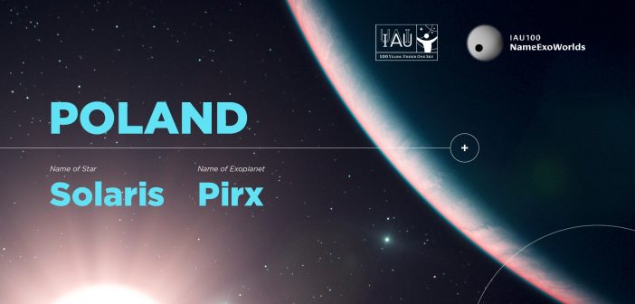 Oficjalne wyniki konkursu IAU100 NameExoWorlds dla Polski. Nazwa gwiazdy: Solaris, nazwa planety: Pirx. Źródło: IAU100.