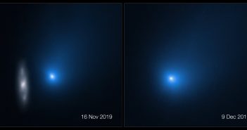 Obrazy komety 2I/Borisov w dniach 16.11.2019 i 9.12.2019. Na obrazie z 16.11 widać galaktykę. / Credits - NASA, ESA, D. Jewitt (UCLA)