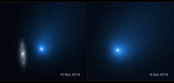 Obrazy komety 2I/Borisov w dniach 16.11.2019 i 9.12.2019. Na obrazie z 16.11 widać galaktykę. / Credits - NASA, ESA, D. Jewitt (UCLA)