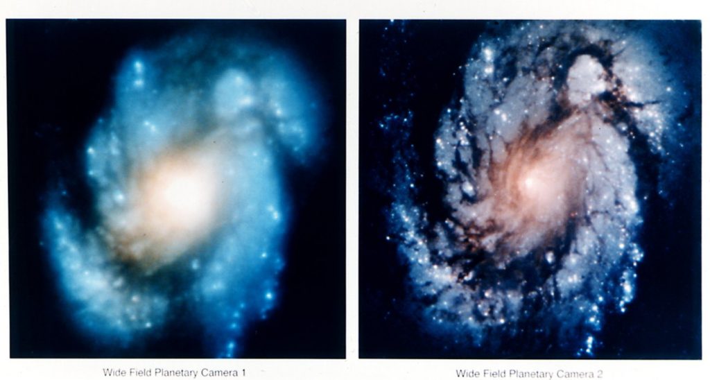 Zdjęcia z teleskopu HST przed i po pierwszej misji serwisowej (galaktyka M100) / Credits - NASA, ESA