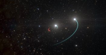 Wizja układu HR 6819 - niebieskim kolorem zaznaczono ruch gwiazd zaś czerwonym - ruch niewidocznego obiektu w tym układzie (czarnej dziury) / Credits - ESO/L. Calçada