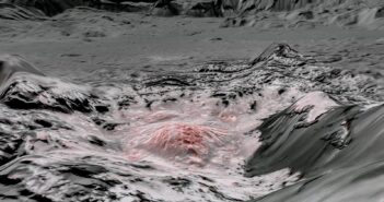 Spojrzenie na jasne twory wewnątrz krateru Occator - obraz powstały z danych misji Dawn. Czerwonawy kolor prezentuje pokłady soli oraz uwodnionych soli / Credits - NASA/JPL-Caltech/UCLA/MPS/DLR/IDA