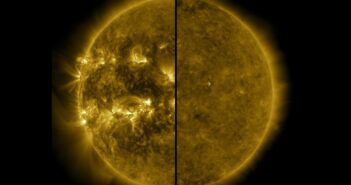 Widok Słońca (na zakresie fal UV) podczas maksimum (lewa strona) i minimum (prawa strona) cyklu słonecznego / Credits - NASA, SDO