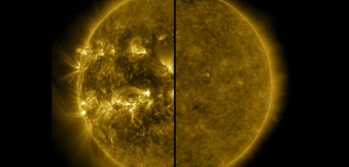 Widok Słońca (na zakresie fal UV) podczas maksimum (lewa strona) i minimum (prawa strona) cyklu słonecznego / Credits - NASA, SDO
