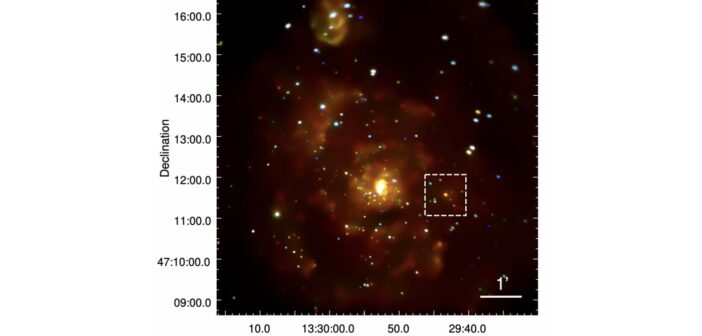 Zdjęcie galaktyki M51 z teleskopu Chandra. M51-ULS-1 widoczny jest w środku kwadratu. Credit: zespół Di Stefano/ MNRAS