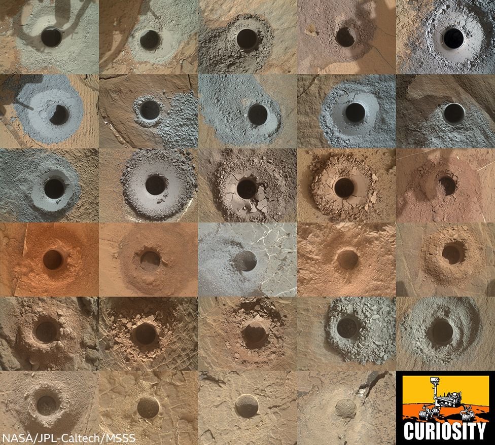 Przykłady wierceń wykonanych przez MSL Curiosity, ukazujących różne typy skał i podłoża na dnie krateru Gale / Credits - NASA, JPL, MSSS