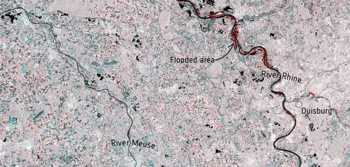 Zalane tereny wzdłuż rzeki Ren - dane z satelitów Sentinel-1 / Credits - ESA, Copernicus Sentinel