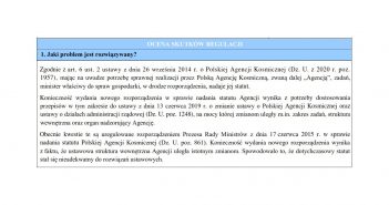 Cześć projektu rozporządzenia w sprawia nadania statutu Polskiej Agencji Kosmicznej / Credits - legislacja.gov.pl
