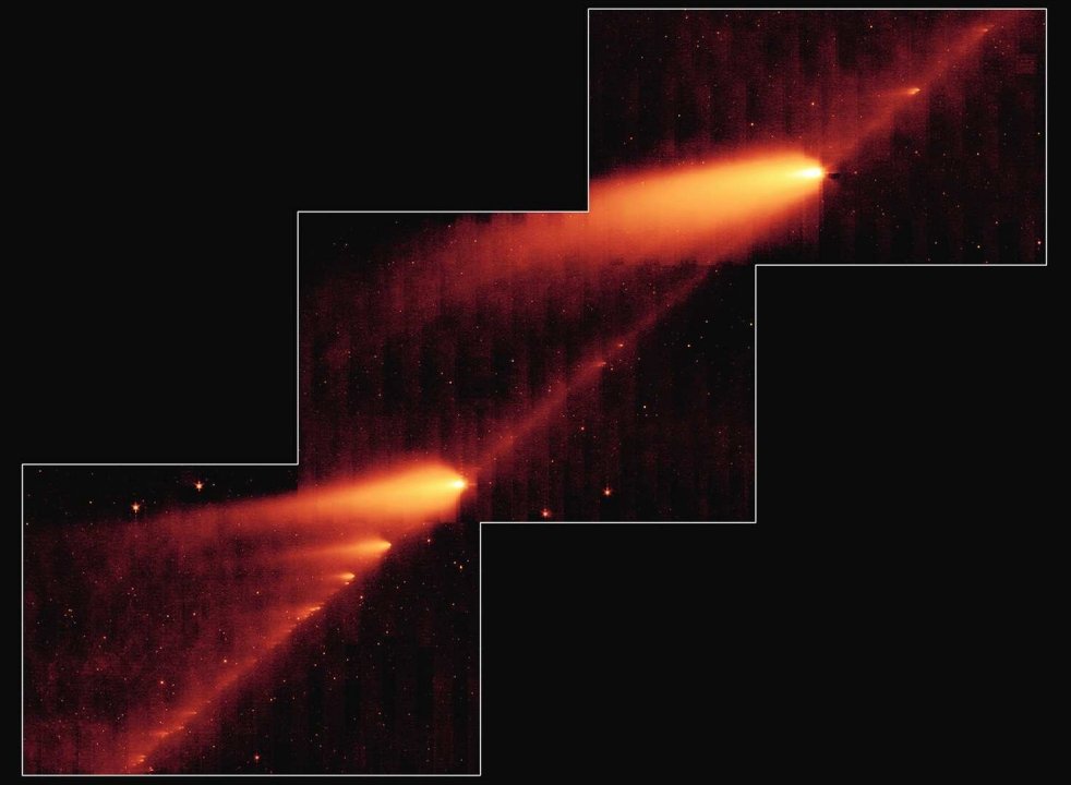 Obrazek posiada pusty atrybut alt; plik o nazwie Screenshot_2022-05-27-14-55-41-894a.jpg
Widok na części komety 73P z Kosmicznego teleskopu Spitzera wykonane 4-6 maja 2006 roku. Zdjęcie jest w podczerwieni. Jasny składnik w prawym górnym rogu to składnik C a niżej słabszy to składnik B / Credits - NASA, Spitzer