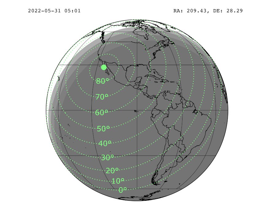 Położenie radiantu w czasie (wyliczonego!) maksimum Tau Herkulidów czyli o 7:01 czasu polskiego, 31 maja 2022 roku 