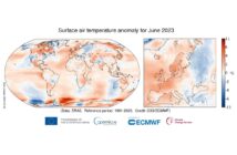 Anomalia temperatury powietrza na powierzchni ziemi w czerwcu 2023 r. w stosunku do średniej z czerwca w latach 1991-2020. Źródło danych: ERA5. Za: Copernicus Climate Change Service/ECMWF.