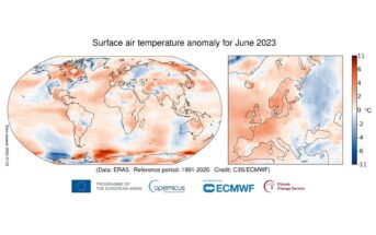 Anomalia temperatury powietrza na powierzchni ziemi w czerwcu 2023 r. w stosunku do średniej z czerwca w latach 1991-2020. Źródło danych: ERA5. Za: Copernicus Climate Change Service/ECMWF.