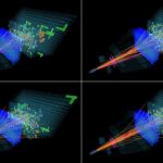 Wizualizacja strumieni cząstek wtórnych zarejestrowanych przez detektor LHCb w kilku zderzeniach proton-proton. (Źródło: LHCb Collaboration / IFJ PAN)