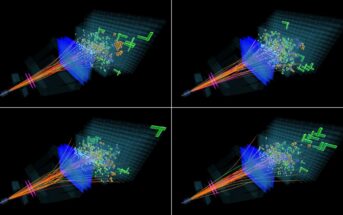 Wizualizacja strumieni cząstek wtórnych zarejestrowanych przez detektor LHCb w kilku zderzeniach proton-proton. (Źródło: LHCb Collaboration / IFJ PAN)