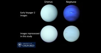 Bardziej prawdopodobna kolorystyka Urana i Neptuna (dolny rząd) w porównaniu z danymi z misji Voyager 2 (górny rząd) / Credits - University of Oxford