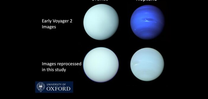 Bardziej prawdopodobna kolorystyka Urana i Neptuna (dolny rząd) w porównaniu z danymi z misji Voyager 2 (górny rząd) / Credits - University of Oxford