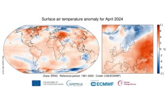 Anomalia temperatury powietrza powierzchniowego w kwietniu 2024 r. w stosunku do średniej kwietniowej z lat 1991-2020. Źródło danych: ERA5. / Credits: Copernicus Climate Change Service/ECMWF