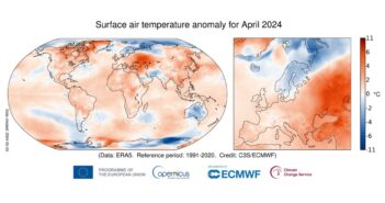 Anomalia temperatury powietrza powierzchniowego w kwietniu 2024 r. w stosunku do średniej kwietniowej z lat 1991-2020. Źródło danych: ERA5. / Credits: Copernicus Climate Change Service/ECMWF