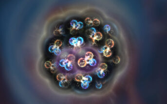 Po raz pierwszy za pomocą kwarków i gluonów udało się opisać cechy jąder atomowych dotychczas wyjaśniane istnieniem protonów i neutronów. Chwilową parę skorelowanych nukleonów wyróżniono kolorem fioletowym. (Źródło: IFJ PAN)