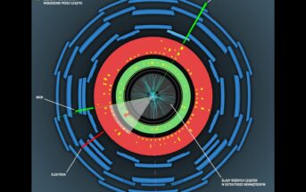 Ślady cząstek wtórnych zarejestrowane podczas zderzenia protonów wewnątrz detektora ATLAS, wskazujące na obecność w zdarzeniu pojedynczego bozonu Higgsa. (Źródło: IFJ PAN / CERN / ATLAS Experiment)