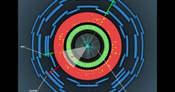 Ślady cząstek wtórnych zarejestrowane podczas zderzenia protonów wewnątrz detektora ATLAS, wskazujące na obecność w zdarzeniu pojedynczego bozonu Higgsa. (Źródło: IFJ PAN / CERN / ATLAS Experiment)