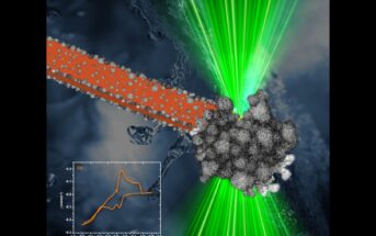 Elektrodepozycja filmu nanocząstek PtNi przy użyciu techniki in-situ w komórce przepływowej w transmisyjnym mikroskopie elektronowym podczas cyklicznej woltametrii. Wiązka elektronów (tu oznaczona na zielono) oświetla elektrodę (oznaczoną na pomarańczowo), zanurzoną w roztworze soli platyny i niklu, umożliwiając obrazowanie wzrostu nanocząstek PtNi (kolor szary) na elektrodzie. Grubość filmu wzrasta z każdym cyklem i po czwartym cyklu zaobserwowano wzrost rozgałęzionych i porowatych struktur. Projekt okładki/ilustracji: Weronika Wojtowicz wojtowicz.vika@gmail.com; tło z wodą pobrane z https://pl.freepik.com