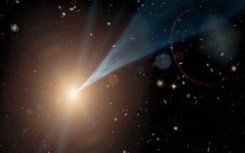 Blazar BL Lacertae to aktywna galaktyka, emitująca z jądra strugę materii skierowaną niemal dokładnie ku Ziemi (grafika artystyczna). (Źródło: NASA/JPL-Caltech)