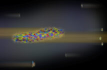 W zderzeniach przeciwbieżnych wiązek protonów można badać procesy hadronizacji. Detektory rejestrują cząstki wtórne powstające bezpośrednio w obszarze zderzenia lub z rozpadów długożyciowych cząstek w obrębie otaczającego je halo. Korelacje kwantowe między trójkami mezonów pi (po prawej) dostarczają informacji o szczegółach procesu, wskazując na koherentną emisję cząstek. (Źródło: IFJ PAN)