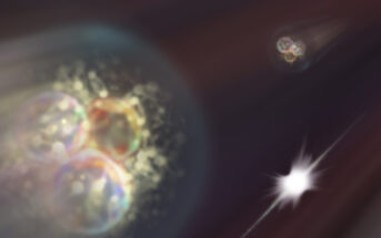 Gdy dwa wysokoenergetyczne protony z przeciwbieżnych wiązek akceleratora LHC się zderzają, entropia oddziałujących ze sobą kwarków i gluonów jest praktycznie identyczna jak entropia hadronów rozbiegających się później z miejsca zderzenia. (Źródło: IFJ PAN)