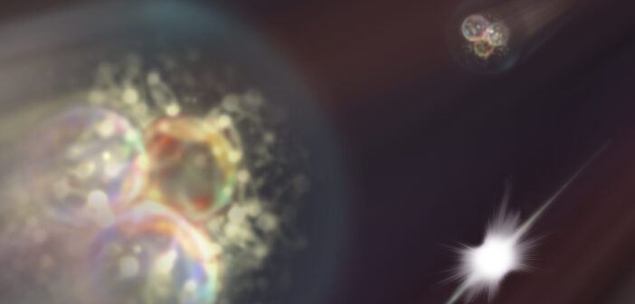 Gdy dwa wysokoenergetyczne protony z przeciwbieżnych wiązek akceleratora LHC się zderzają, entropia oddziałujących ze sobą kwarków i gluonów jest praktycznie identyczna jak entropia hadronów rozbiegających się później z miejsca zderzenia. (Źródło: IFJ PAN)