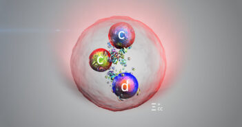 Wizja artystyczna nowej cząstki, która zawiera dwa kwarki powabne i jeden kwark dolny. (Zdjęcie: CERN)