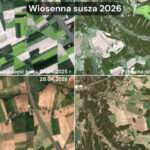 Porównanie obrazów satelitarnych wybranych miejsc w Polsce w kwietniu 2025 i w kwietniu 2026 - dane z europejskich satelitów Sentinel-2 konstelacji Copernicus / Credits - Blue Dot Solutions, Copernicus