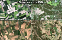 Porównanie obrazów satelitarnych wybranych miejsc w Polsce w kwietniu 2025 i w kwietniu 2026 - dane z europejskich satelitów Sentinel-2 konstelacji Copernicus / Credits - Blue Dot Solutions, Copernicus