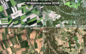 Porównanie obrazów satelitarnych wybranych miejsc w Polsce w kwietniu 2025 i w kwietniu 2026 - dane z europejskich satelitów Sentinel-2 konstelacji Copernicus / Credits - Blue Dot Solutions, Copernicus