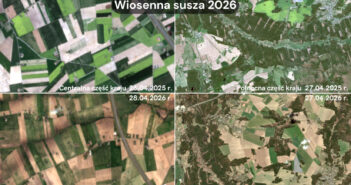 Porównanie obrazów satelitarnych wybranych miejsc w Polsce w kwietniu 2025 i w kwietniu 2026 - dane z europejskich satelitów Sentinel-2 konstelacji Copernicus / Credits - Blue Dot Solutions, Copernicus