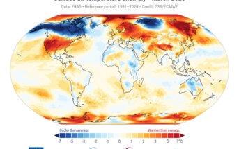 Anomalia temperatury powietrza przy powierzchni ziemi w marcu 2026 r. w stosunku do średniej z marca w latach 1991–2020. Źródło danych: ERA5. Źródło: C3S/ECMWF.