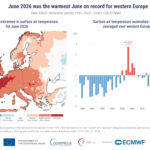 (Po lewej) Mapa przedstawiająca anomalie i wartości ekstremalne temperatury powietrza przy powierzchni ziemi w czerwcu 2026 r. Kategorie kolorystyczne odnoszą się do percentyli rozkładu temperatur w okresie referencyjnym 1991–2020. Kategorie ekstremalne („najchłodniejsze" i „najcieplejsze") opierają się na rankingach czerwcowych dla okresu 1979–2026. (Po prawej) Wykres słupkowy przedstawiający miesięczne anomalie temperatury powietrza przy powierzchni ziemi w czerwcu, uśrednione dla Europy Zachodniej (11°W–15°E, 37°–55°N). Anomalie podano względem średniej czerwcowej z okresu 1991–2020. Źródło danych: ERA5. Źródło: C3S/ECMWF.