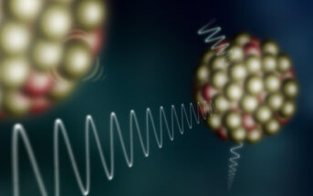 Artystyczna wizualizacja emisji promieniowania gamma przez rezonanse pigmejskie skóry neutronowej wzbudzonych jąder atomowych powstałych w rozszczepieniu kiuru. (Źródło: IFJ PAN)