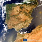 Hiszpania i Portugalia okiem satelit Sentinel-3 w dniu 10 sierpnia 2023 (podczas jednej z większych fal upałów)/ Credits - Copernicus, Komisja Europejska
