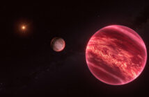 Wizja artystyczna czerwonego karła CD-35 2722 (w tle) oraz brązowego karła CD-35 2722 b i jego gazowego "księżyca" / Credits - ESO/M. Kornmesser